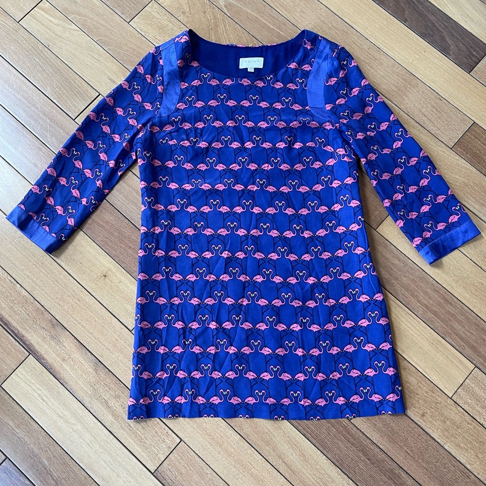 Harlyn Flamingo Print Silk Shift Dress XS Anthropologie Bluepink 3/4 slv Tunic - Picture 2 of 10